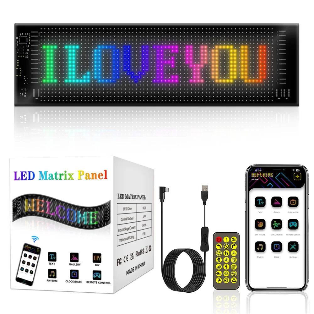 شاشة عرض LED متحركة قابلة للبرمجة مع تطبيق بلوتوث للتحكم في إشارات السيارة LED RGB